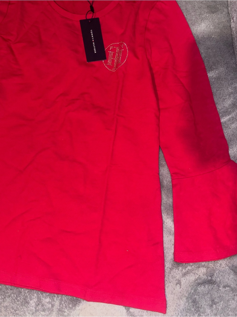 Tommy Hilfiger Bright Red Long Sleeve Crew with Rhinestone TH Accent